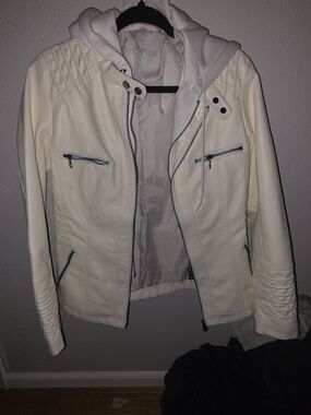 Women’s Cream Faux Leather Moto Jacket with Hood